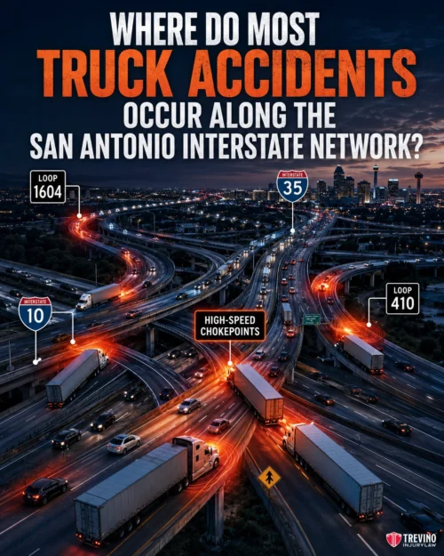 Where Do Most Truck Accidents Occur Along the San Antonio Interstate Network?. Aerial view of a busy San Antonio highway interchange at dusk with trucks on roads. Labels point to Interstates 10, 35, Loop 1604, Loop 410, and "high-speed chokepoints." Text asks where most truck accidents occur. City lights glow in the background.