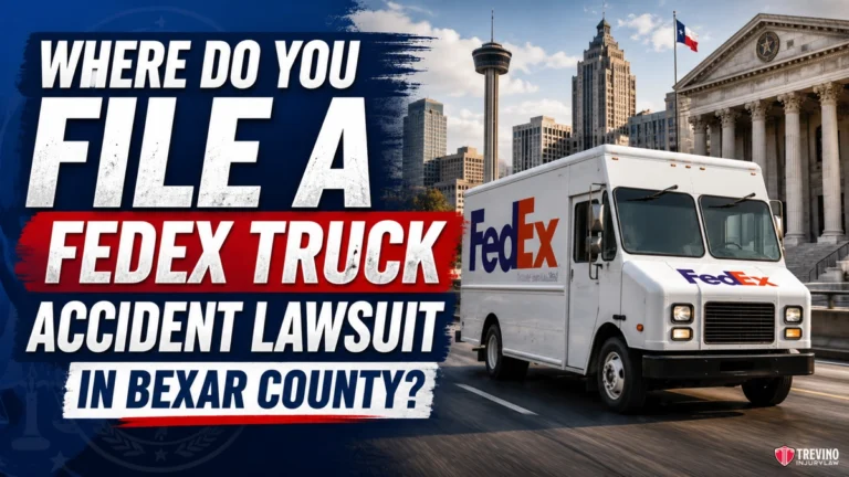 Where Do You File a FedEx Truck Accident Lawsuit in Bexar County?. A FedEx truck drives past a courthouse with columns in an urban area, with the San Antonio skyline and Tower Life Building visible. Large text reads: “Where do you file a FedEx truck accident lawsuit in Bexar County?” The Treviño Law Firm logo is at the bottom right.