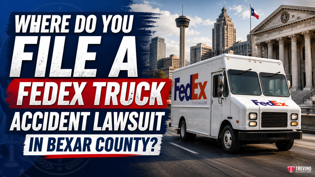 Where Do You File a FedEx Truck Accident Lawsuit in Bexar County?. A FedEx truck drives past a courthouse with columns in an urban area, with the San Antonio skyline and Tower Life Building visible. Large text reads: “Where do you file a FedEx truck accident lawsuit in Bexar County?” The Treviño Law Firm logo is at the bottom right.
