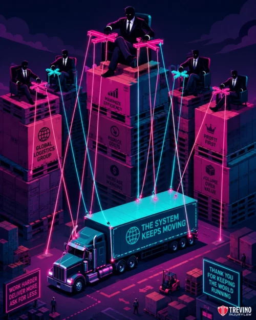 Who Else Can Be Sued in a Commercial Truck Crash Besides the Driver? Four shadowy figures in suits control a truck with glowing strings from atop stacked cargo containers. Signs around the truck read, “Work harder, deliver more, ask for less,” and “Thank you for keeping the world running.” The scene is dark and neon-lit.