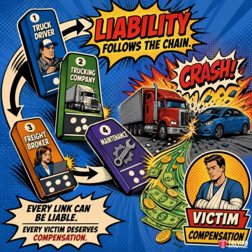 Who Is Liable When a Commercial Truck Hits You Head-On in Texas? Comic-style image showing a truck crashing into a car. Icons for truck driver, trucking company, freight broker, and maintenance lead to “Liability Follows the Chain.” Money flows to a person labeled “Victim Compensation.” Text: “Every link can be liable. Every victim deserves compensation.”.