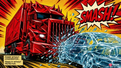 Who Is Usually at Fault in a T-Bone Truck Accident? A spiked red truck crashes into a transparent glass car, causing shattering glass and dramatic impact lines. The comic-style image includes a large "SMASH!" sound effect and a caption: "Power without consideration... fragility without protection.