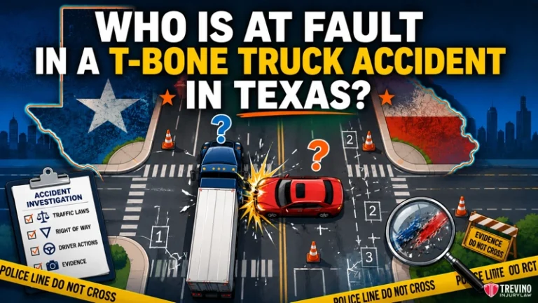 Who Is at Fault in a T-Bone Truck Accident in Texas? An illustrated Texas map, police lines, and cones frame a white truck and red car in a T-bone crash at an intersection. Text reads, “Who is at fault in a T-bone truck accident in Texas?” with icons for accident investigation and evidence.