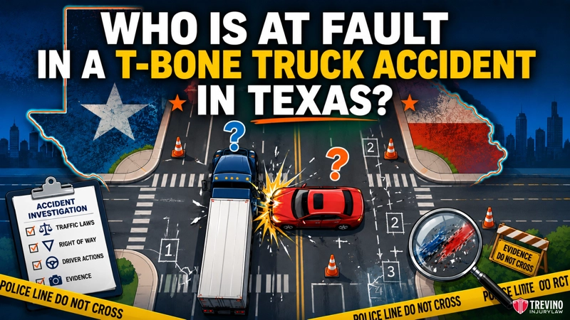 Who Is at Fault in a T-Bone Truck Accident in Texas? An illustrated Texas map, police lines, and cones frame a white truck and red car in a T-bone crash at an intersection. Text reads, “Who is at fault in a T-bone truck accident in Texas?” with icons for accident investigation and evidence.