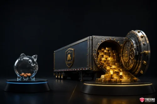 Why Are Commercial Truck Insurance Limits So Much Higher Than Personal Auto Policies? A clear piggy bank with a few coins sits on a lit platform, facing a large armored truck trailer filled with stacked gold bars spilling from an open vault door. The background is dark, highlighting the contrast between the piggy bank and the gold vault.