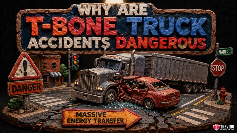 Why Do T-Bone Truck Accidents Cause Such Severe Injuries? A semi-truck collides with a red car's side at an intersection, causing visible damage. Large text asks, "WHY ARE T-BONE TRUCK ACCIDENTS DANGEROUS?" with keywords highlighted. Signs read "DANGER" and "MASSIVE ENERGY TRANSFER." Brick buildings and street signs appear.