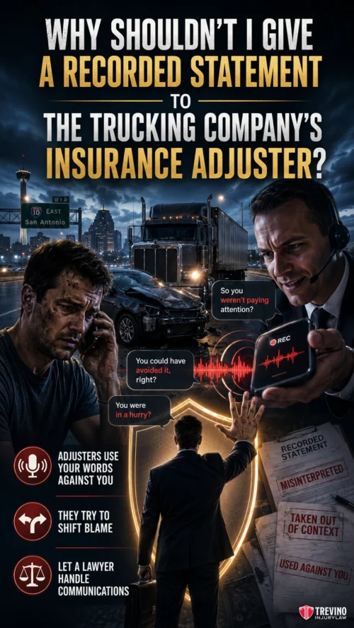 Why Shouldn't I Give A Recorded Statement To The Trucking Company's Insurance Adjuster?. A distressed man speaks on the phone while a truck accident occurs behind him at night. An adjuster listens to a recording. Text warns against giving recorded statements to insurance adjusters, advising to let a lawyer handle communication. Icons emphasize key points.