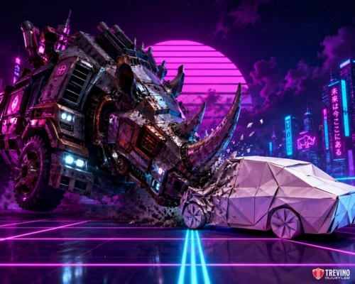 Why is the side of a passenger vehicle so vulnerable in a commercial truck crash? A futuristic metallic rhino-shaped vehicle crashes into a low-poly white car on a neon-lit city street with pink, purple, and blue lights, Japanese text on skyscrapers, and a large stylized sun in the background.