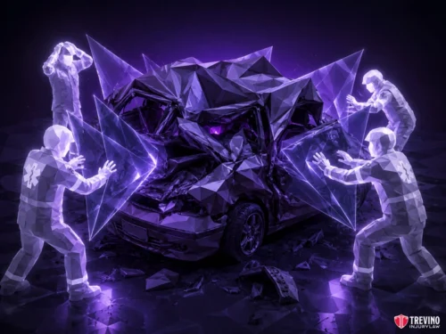Why is victim extrication more complex after a commercial broadside collision? A geometric, purple-lit car crash with polygonal, glowing figures—some resembling EMTs—surrounding the wreck. Glass shards jut out. The scene is dramatic and stylized. "Trevino Injury Law" logo appears in the bottom right corner.