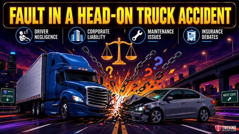 Fault in a head-on truck accident. A blue semi-truck and gray car collide head-on, with debris flying. City buildings and highways are in the background. Bold text reads "Fault in a Head-On Truck Accident," listing causes: driver negligence, corporate liability, maintenance issues, insurance debates.