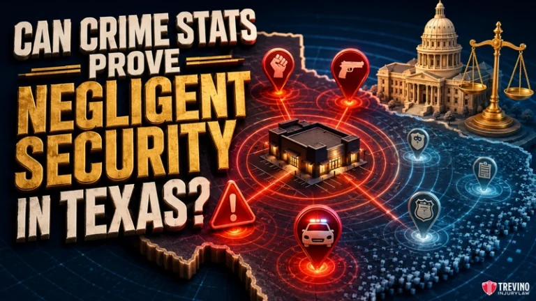 CAN CRIME STATS PROVE NEGLIGENT SECURITY IN TEXAS? A map of Texas with crime icons—fist, gun, alarm, police car, badge—centered on a building. The Texas Capitol, scales of justice, and bold text read, “Can crime stats prove negligent security in Texas?” Legal firm logo is in the bottom right.