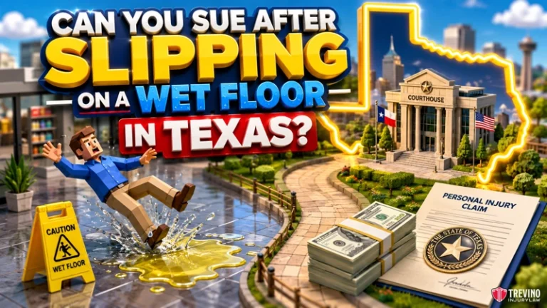 Can You Sue After Slipping on a Wet Floor in Texas? Cartoon man slips on a wet floor near a caution sign outside. Text asks, “Can you sue after slipping on a wet floor in Texas?” Courthouse, Texas map, gavel, cash, and a personal injury claim form, with flags and blue sky in the background.