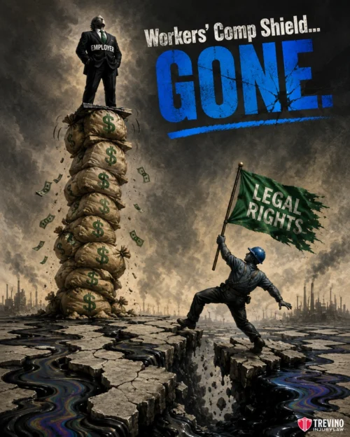 Can You Sue if You Slipped on a Wet Floor at Work in Texas? A worker holding a “Legal Rights” flag struggles to cross a cracked ground toward an employer standing atop a stack of money bags. Factories and smoke fill the background. The text reads, “Workers’ Comp Shield... GONE.” The scene conveys lost legal protections.