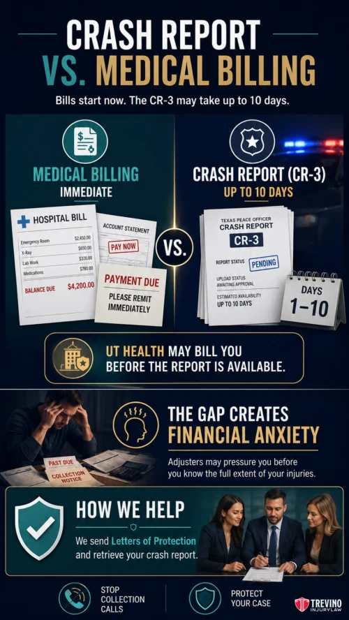 Crash Report Compare to Medical Billing. Infographic compares immediate medical billing to delayed crash report billing, showing a 1–10 day gap leading to financial anxiety. Includes images of bills, a calendar, and icons for stop calls and case protection. Promotes services from Trevino Injury Law, PLLC.