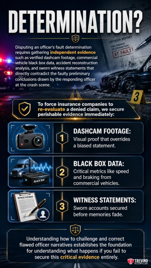 Dispute a Fault Determination. An infographic titled “DETERMINATION?” explains disputing officer fault in accidents by securing dashcam footage, black box data, and witness statements. Icons and text describe each evidence type. The design uses blue and yellow with accident and insurance imagery.