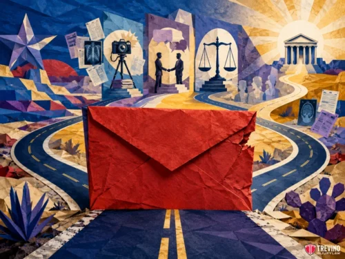 Does a Denial Letter Mean My Slip-and-Fall Case Is Over? A large red envelope blocks two diverging roads; one leads to justice symbols like scales and a courthouse, the other to crime symbols like cameras and mugshots. The colorful background is stylized with documents, stars, and rays of light.