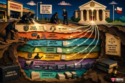 How Do You Obtain Local Crime Data for a Premises Liability Lawsuit? Illustration of lawyers digging beneath a commercial property, uncovering layers of legal documents: police reports, tenant complaints, maintenance logs, patrol schedules, surveillance, and files, all connecting to a courthouse above. A badge reads, “Trevino Injury Law.”.