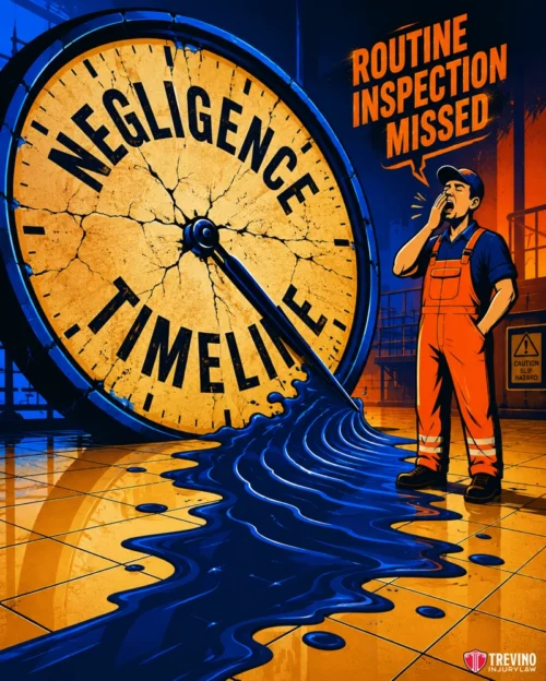 How Do You Prove the Store Knew About the Wet Floor? A large, broken clock labeled “Negligence Timeline” leaks black liquid onto the floor. A worker in orange overalls stands nearby, looking worried. Bold text reads “ROUTINE INSPECTION MISSED.” A caution sign and factory background are visible.