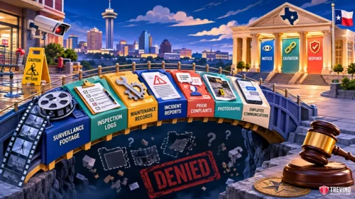 How Does Preserved Evidence Help Prove a Texas Premises Liability Claim? A courtroom scene with Dallas in the background shows a broken evidence bridge—labeled with files like Surveillance Footage, Inspection Logs, and more—collapsed above a chasm marked “DENIED” in red, leading to a courthouse with pillars labeled Notice, Caution, and Response.