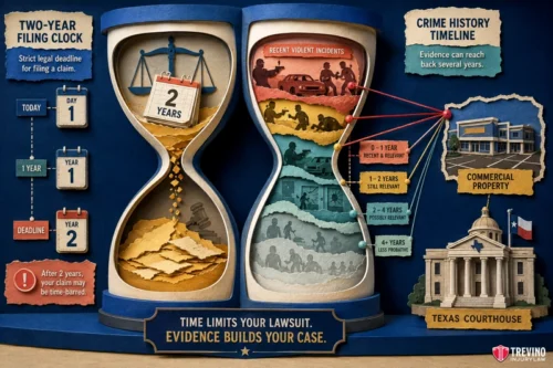 How Far Back Should Crime Data Go for a Texas Negligent Security Claim? Colorful infographic showing an hourglass split into two sections: “Two-Year Filing Clock” and “Crime History Timeline.” Left side tracks legal filing deadlines; right side shows evidence relevance over time, with visuals of incidents, property, and a courthouse.