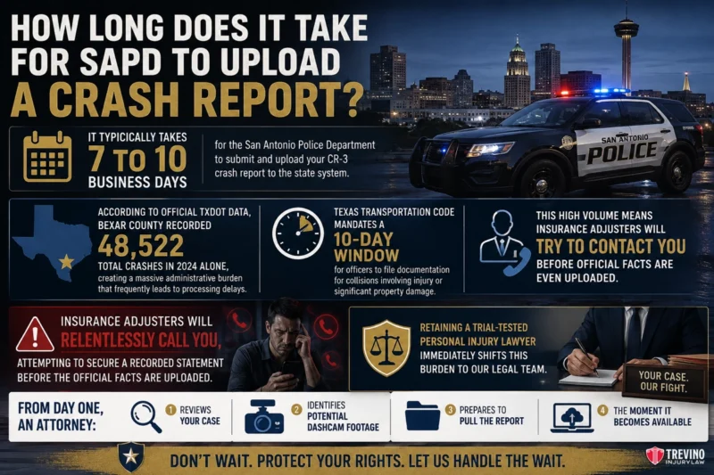 How Long Does It Take for SAPD to Upload a Crash Report?. Infographic explains SAPD crash report upload, stating it takes 7–10 business days. Lists 2024 Bexar County crash data, Texas report window, insurance adjuster tactics, and legal advice. Includes police car, city background, and various icons. Trevino Injury Law branding at bottom.