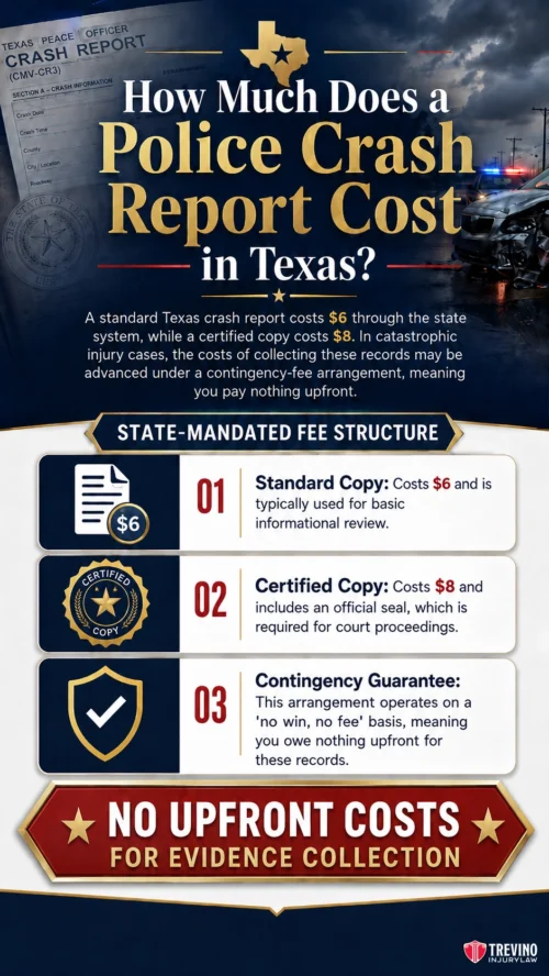 How Much Does a Police Crash Report Cost in Texas?. Infographic detailing the cost of police crash reports in Texas: $6 for a standard copy, $8 for a certified copy. Catastrophic injury cases may incur contingency fees but have no upfront costs for evidence collection. Blue, red, and gold graphics.
