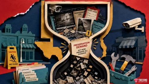 How Quickly Should a Spoliation Letter Be Sent After a Premises Liability Accident? An hourglass filled with documents labeled “Preservation Demand,” surrounded by surveillance footage, caution sign, reports, folders, wrench, and eyes of cameras; the scene suggests evidence preservation in an investigative or legal context.
