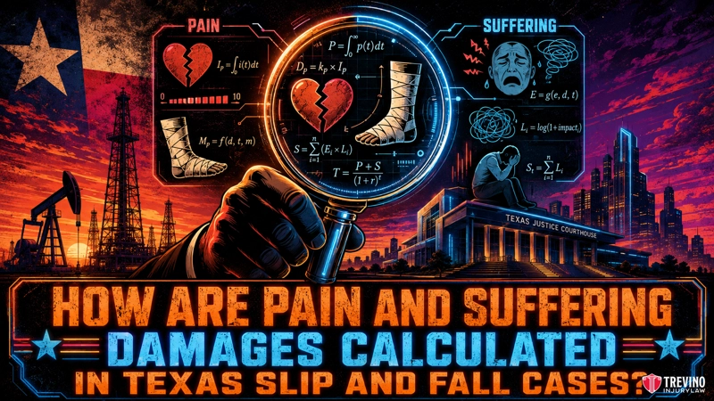 How are pain and suffering damages calculated in Texas slip and fall cases? A magnifying glass highlights formulas, a broken heart, and scales between “Pain” and “Suffering” diagrams above oil rigs and a Texas courthouse at sunset. Text reads: “How are pain and suffering damages calculated in Texas slip and fall cases?”.