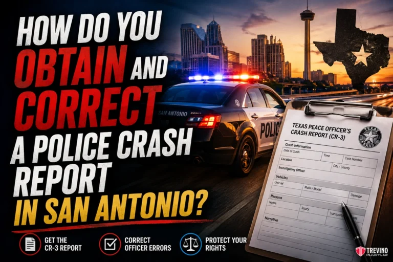 How to Obtain Your Official CR-3 Police Crash Report in San Antonio. Police car with flashing lights parked near city buildings at sunset. Overlay text says how to obtain and correct a police crash report in San Antonio. Clipboard with crash form and icons for getting report, correcting errors, and protecting rights are shown.