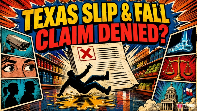TEXAS SLIP AND FALL CASE DENIED? Comic-style image: A person slips on a wet floor in a supermarket aisle. BOLD text reads “TEXAS SLIP & FALL CLAIM DENIED?” Surrounding icons show a CCTV camera, worried faces, legal scales, the Texas Capitol, a fingerprint, and the Texas flag.