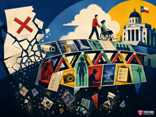 What Can You Do After a Slip-and-Fall Insurance Claim Is Denied? A person pushes another in a wheelchair across a bridge of legal and medical documents, leading to a courthouse. The bridge is fragile, supported by evidence icons, and crumbling over broken cameras and clocks. A Texas flag and courthouse are in the background.