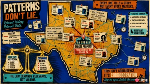 What Crime Statistics Are Relevant to a Texas Negligent Security Claim? Illustrated map of Texas with city notes, pins, strings, and legal icons, centered on Plano’s Target Property. Bold text reads “Patterns Don’t Lie” with subtitles and legal phrases. Map legend and evidence-theme graphics highlight a crime investigation motif.