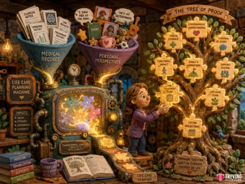 What Evidence Is Required to Prove Past and Future Suffering? A claymation figure connects puzzle pieces between funnels labeled “Medical Records” and “Personal Perspectives,” leading to a glowing “Tree of Proof” with branches like “Treatment Plan” and “Future Projections.” The scene is detailed, colorful, and whimsical.