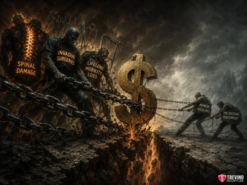 What Factors Increase or Decrease the Value of Pain and Suffering? Dark, dramatic scene of chained, shadowy figures labeled “Spinal Damage,” “Invasive Surgeries,” and “Lifelong Mobility Loss” pulling a golden dollar sign, while smaller figures labeled “Minor Healing” and “Pre-Existing Discomfort” pull against them.