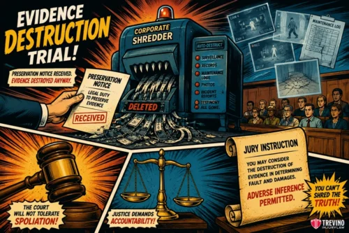 What Happens If Evidence Is Destroyed After a Preservation Demand? Comic-style image showing a corporate shredder destroying evidence like documents and data, with bold text: “Evidence Destruction Trial!” There are signs about legal duties, jury instructions, and accountability. Courtroom and justice themes are illustrated vibrantly.