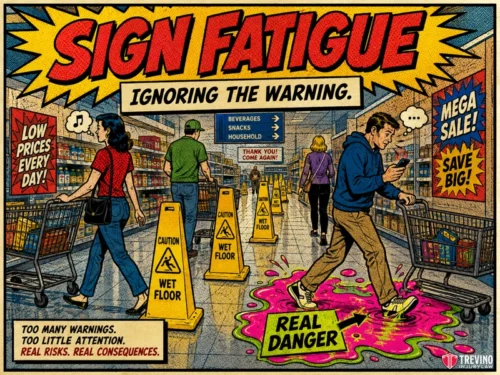 What Happens If There Was a Yellow Wet Floor Sign? Comic-style image of a grocery store aisle with multiple “Wet Floor” signs. Shoppers ignore the signs; one man steps in a puddle labeled “Real Danger.” Text reads, “SIGN FATIGUE: Ignoring the warning,” with price and sale signs, emphasizing overloaded warnings.