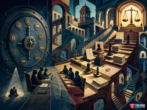 What Happens If the Insurance Company Still Refuses to Pay? A surreal courtroom scene with judges, legal symbols, and giant stacks of documents on layered staircases. A vault with icons and a small figure sit in the left foreground. Scales of justice loom overhead, with light and shadow creating a dramatic, complex atmosphere.