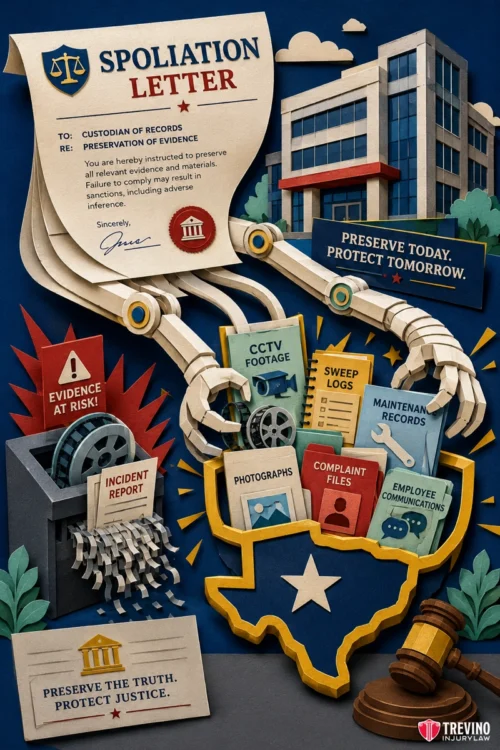 What Is a Spoliation Letter in a Texas Premises Liability Case? A paper spoliation letter with robotic arms collects folders labeled evidence from a building shaped like Texas. Items include CCTV footage, sweep logs, maintenance records, photographs, and more. Slogans urge to preserve evidence and protect justice.