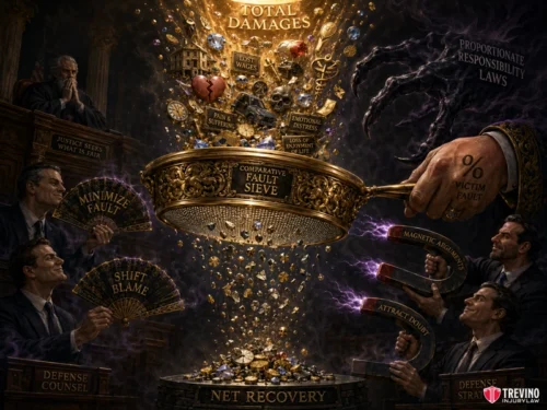 What Legal Limitations Can Reduce Your Pain and Suffering Recovery in Texas? A golden sieve labeled “Comparative Fault Sieve” filters jewels, coins, and awards labeled “total damages,” as men in suits, representing defense counsel, use magnets and levers to minimize fault, shift blame, and reduce the plaintiff’s potential recovery.