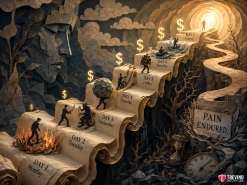 What Methods Do Attorneys Use to Calculate Non-Economic Damages? A man struggles up a stairway shaped like days of the week, facing obstacles on each step. Fiery struggles on Monday ease by Sunday, symbolized by dollar signs and light at the top. The path is labeled “Pain Endured,” with a clock and dark twisted trees nearby.