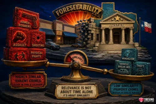 What Types of Prior Crimes Establish Foreseeability? A scale weighs violent crimes—armed robbery, assault, shooting, physical fights—against property crimes—vandalism, vehicle break-ins, theft. In the background are a crumbling “foreseeability” wall, a courthouse, and a sunset. Text stresses crime similarity over time.