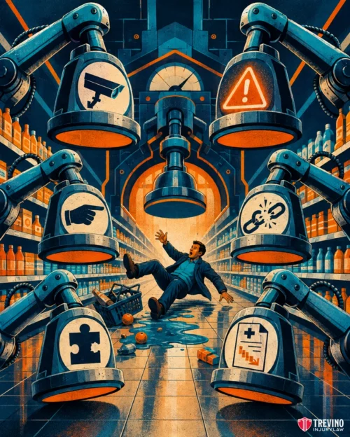 Why Did the Store's Insurance Company Deny My Slip-and-Fall Claim? A surprised man slips in a grocery aisle as robotic arms with warning icons and symbols hover over him. Shelves are filled with products, and a security camera is visible. The scene is dramatic with orange and blue tones, creating a futuristic, tense atmosphere.