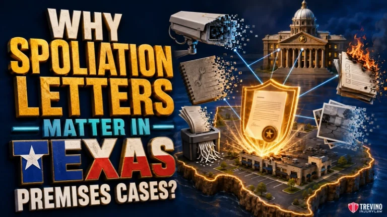 Why Is a Spoliation Letter Critical in a Texas Premises Liability Case? A glowing legal shield overlays a Texas map with court, camera, documents, and text: “Why Spoliation Letters Matter in Texas Premises Cases?” Blue, yellow, white, and gold colors dominate. The Trevino Injury Law logo appears bottom right.
