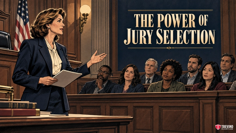 A female lawyer in a courtroom addresses a seated jury of seven diverse people. An American flag is visible in the background. Large text reads “THE POWER OF JURY SELECTION.” The courtroom scene appears professional and serious.