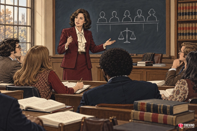 A woman in a maroon suit teaches a diverse group of students in a classroom. She stands by a chalkboard with drawings of people and scales of justice. Books are open on the students’ desks. Large windows and bookshelves fill the background.