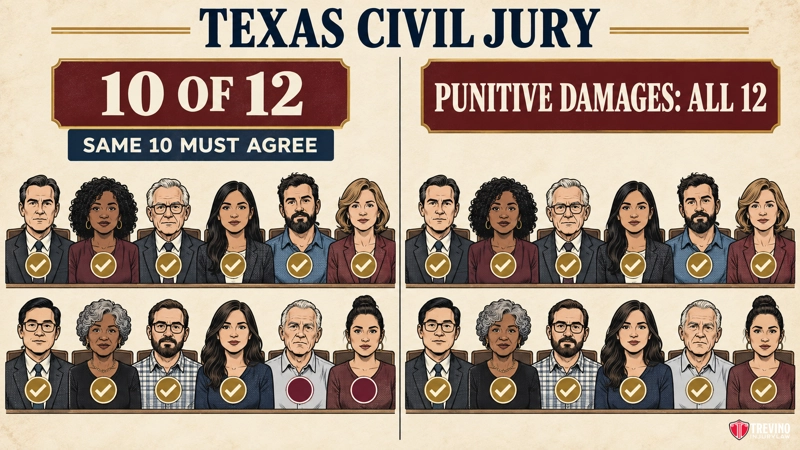 Illustration of a diverse 12-person jury. “10 of 12: Same 10 Must Agree” is on the left, with 10 checked faces. “Punitive Damages: All 12” is on the right, with all faces checked. Title reads “Texas Civil Jury.”.
