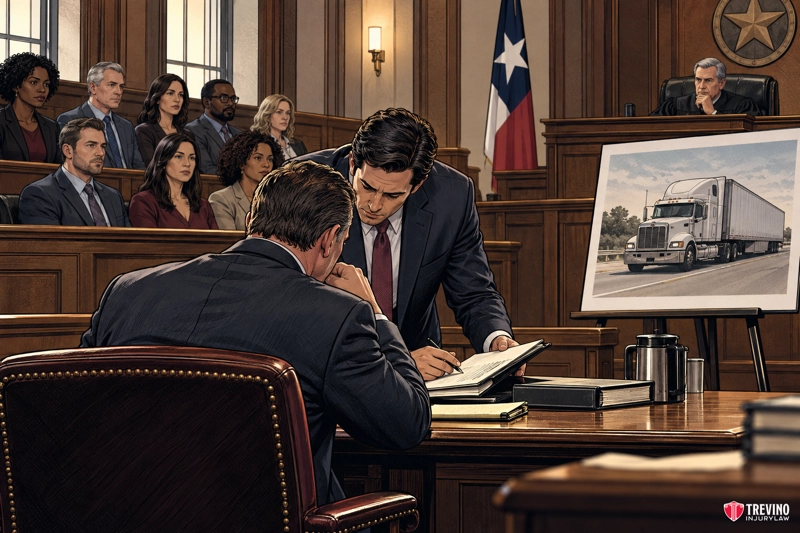 In a courtroom, a lawyer consults with a man at the witness stand. A judge and jury watch. Near them is an easel displaying a photo of a semi-truck. The Texas flag is visible behind the judge. The mood is serious and focused.