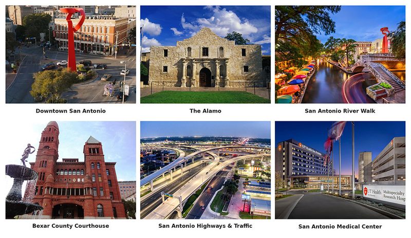 A collage of six labeled San Antonio landmarks: red Torch of Friendship, historic Alamo, colorful River Walk, red-brick courthouse, overlapping highway interchanges, and a hospital with flags outside. Each image highlights iconic city locations and structures—a scene familiar to San Antonio 18-wheeler accident lawyer professionals who know the area’s busiest routes and significant sites.