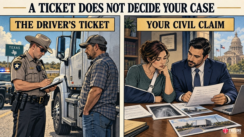 A police officer writes a ticket for a truck driver on a Texas roadside. Beside them, an attorney and an injured woman review documents, an X-ray, and crash photos in an office with the Texas Capitol in the background. Text above reads, “A ticket does not decide your case.”