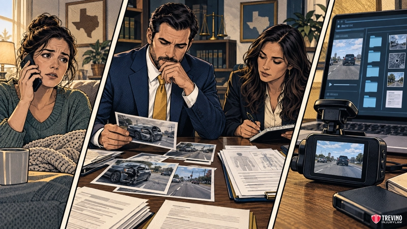 A worried woman talks on the phone at home. Two people in business attire examine car accident photos and documents. A dashcam shows accident footage on a laptop, with accident images and papers scattered on the desk.